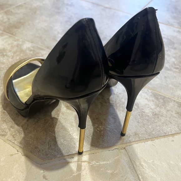 Bruno Frisoni d’orsay patent leather black & gold open toe stiletto heels 38 7.5 - Picture 5 of 10